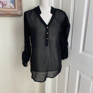 Mossimo Black Sheer Blouse Adjustable Tab Sleeves Size Medium Gold Buttons
